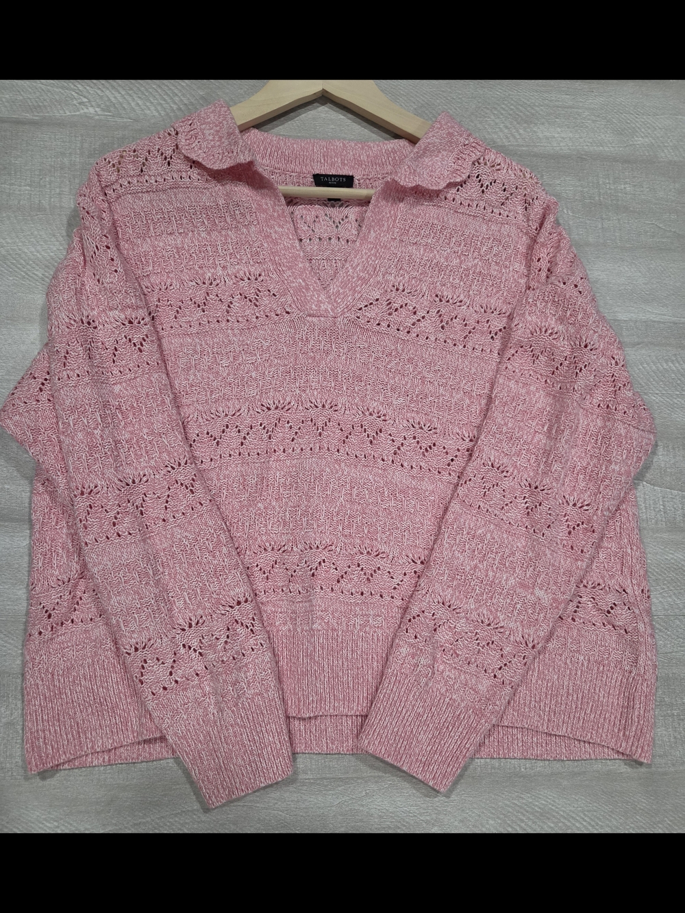Talbots Pink Open-Stitch V-Neck Collared Sweater - Picture 4 of 8